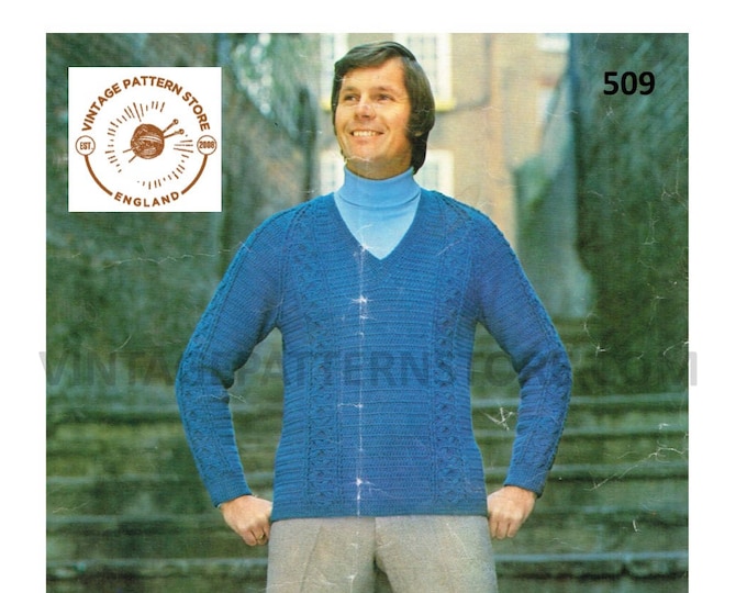 Mens Mans 70s vintage V neck DK cable cabled raglan sweater jumper pullover pdf crochet pattern 38" to 42" chest Instant PDF download 509