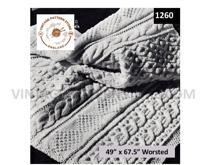 Large 70s vintage retro 4 ply cable cabled afghan throw pdf knitting pattern 49" by 67.5" Instant PDF download 1260