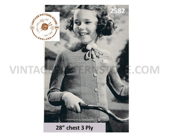 Girls 40s vintage 3 ply round neck texture panel raglan cardigan jacket knitting pattern 28" chest PDF Pattern