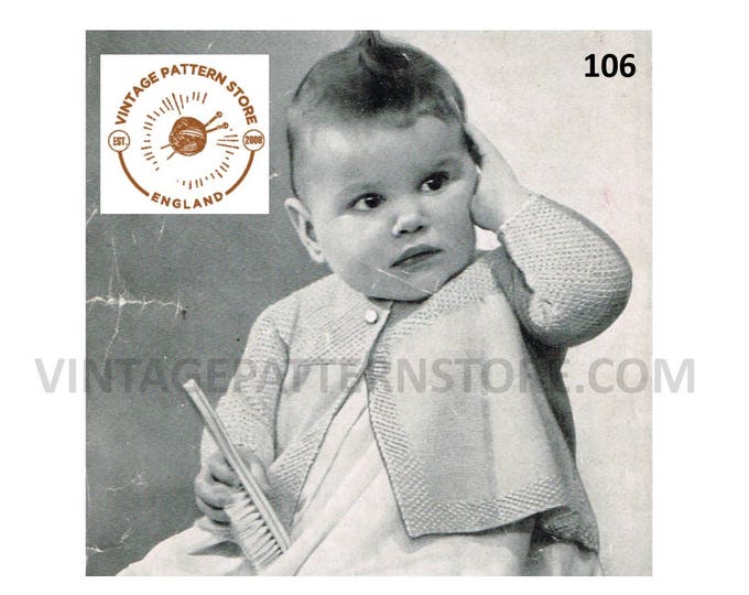 Baby Babies 40s vintage easy to knit 3 ply round neck contrast edge matinee coat jacket pdf knitting pattern 21" chest PDF download 106