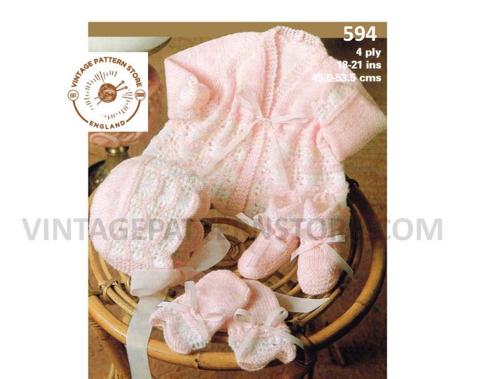 Baby Babies 80s vintage 4 ply pram set V neck lacy matinee coat jacket bonnet booties mittens pdf knitting pattern 18" to 21" Download 594