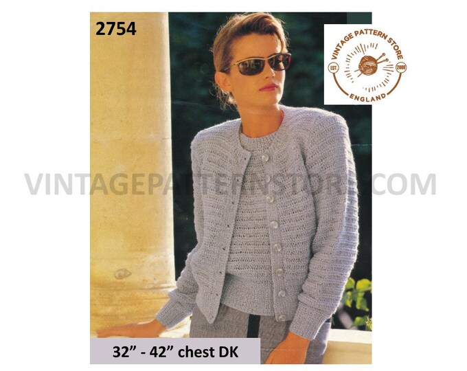 Ladies Womens 90s DK round neck lacy lace striped raglan cardigan sweater jumper twin set pdf knitting pattern 32" to 42" bust Download 2754