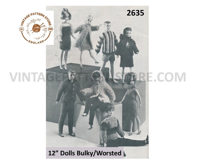 60s vintage 12" fashion dolls Barbie Ken Sindy Action Man clothes pdf knitting pattern 8 outfits to knit Instant PDF download 2635