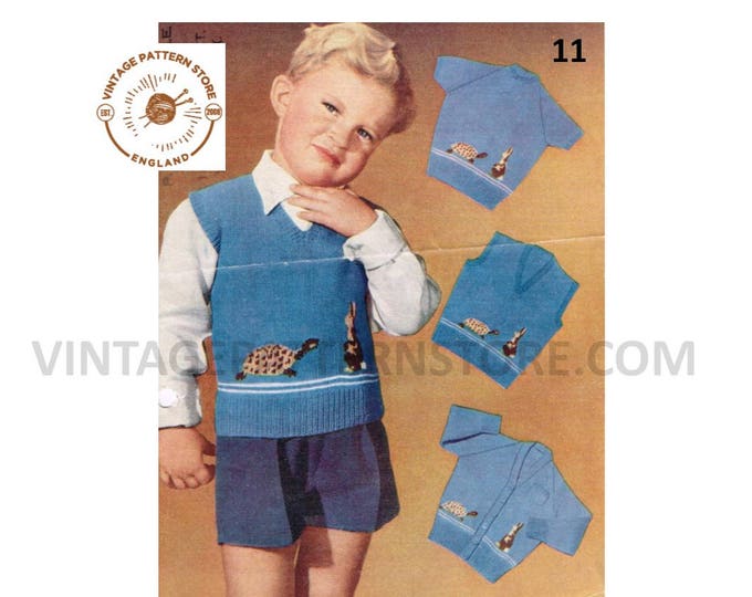 Boys Toddlers 50s 3 ply nursery rhyme hare & tortoise intarsia raglan cardigan tank top jumper pdf knitting pattern 22" to 23" Download 11