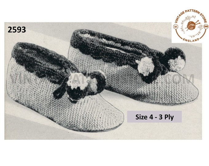 Womens Ladies 40s vintage 3 ply bobble trim size 4 slippers pdf knitting pattern Instant PDF download 2593