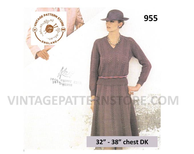 Ladies Womens 80s vintage DK V neck lacy lace raglan sweater jumper and long line skirt pdf knitting pattern 32" to 38" chest download 955