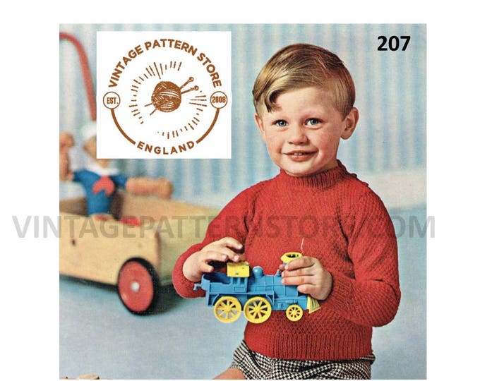 Toddlers Boys Baby Babies 80s vintage 4 ply crew neck button shoulder galan sweater jumper pdf knitting pattern 18" to 22" Download 207