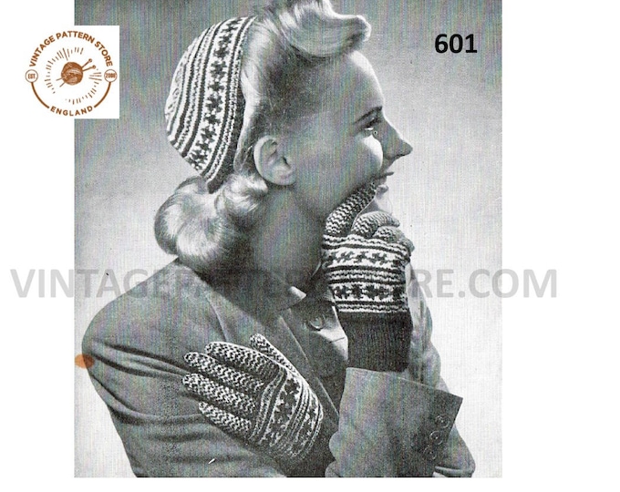 Ladies Womens 40s vintage 3 ply fair isle gloves and kippah skull cap hat pdf knitting pattern 6.5" palm size Instant PDF download 601