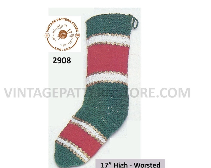 Girls Boys 80s vintage easy to crochet striped Christmas stocking pdf crochet pattern 17" High instant PDF Download 2908