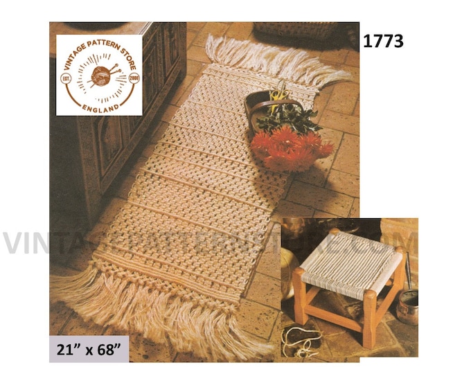 70s vintage easy to make beginners macrame rug door mat and stool top pdf macrame pattern 21" x 68" Instant PDF download  1773