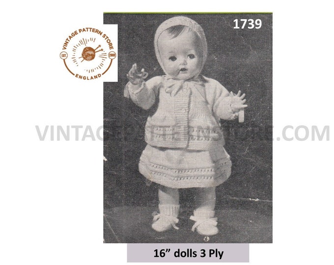 50s vintage 16" 3 ply baby doll clothes dress jacket bonnet booties vest and knickers pdf knitting pattern Instant PDF Download 1739