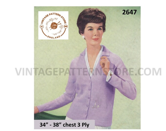 Ladies Womens 50s vintage quick simple and easy to knit 3 ply V neck raglan cardigan pdf knitting pattern 34" to 38" Instant download 2647