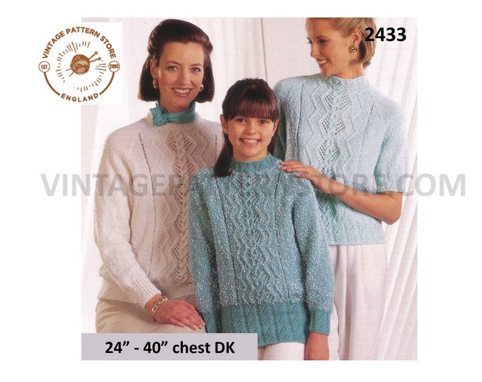 Ladies Womens Girls 90s round neck cabled cable and lace panel DK raglan tunic sweater jumper pdf knitting pattern 24" to 40" Download 2433