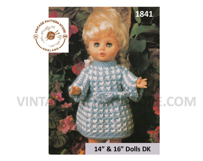 80s vintage 14" 16" DK Dolls Clothes round neck check dress pdf knitting pattern Instant PDF download 1841