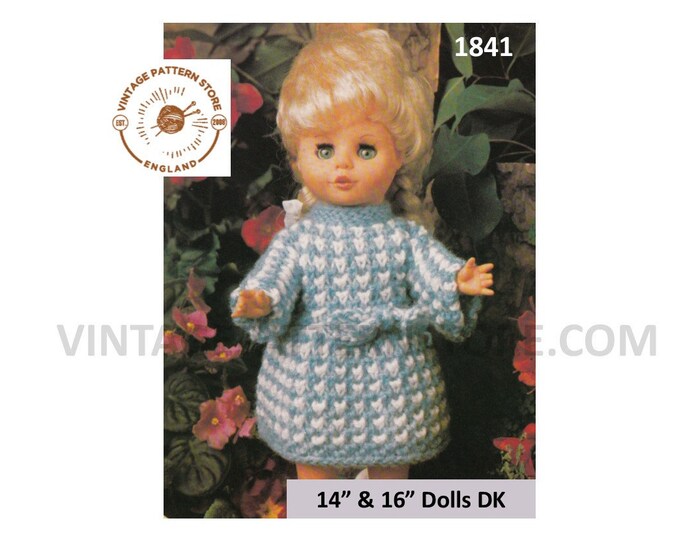 80s vintage 14" 16" DK Dolls Clothes round neck check dress pdf knitting pattern Instant PDF download 1841