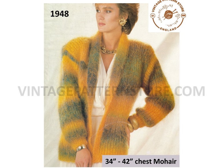 Ladies Womens easy to knit 90s shawl collar V neck drop shoulder mohair dolman jacket pdf knitting pattern 34" to 42" chest download 1948