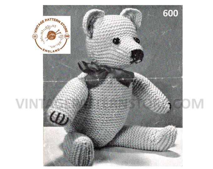 40s vintage retro fun quick and easy to knit DK cuddly toy teddy bear pdf knitting pattern 17" tall Instant PDF download 600