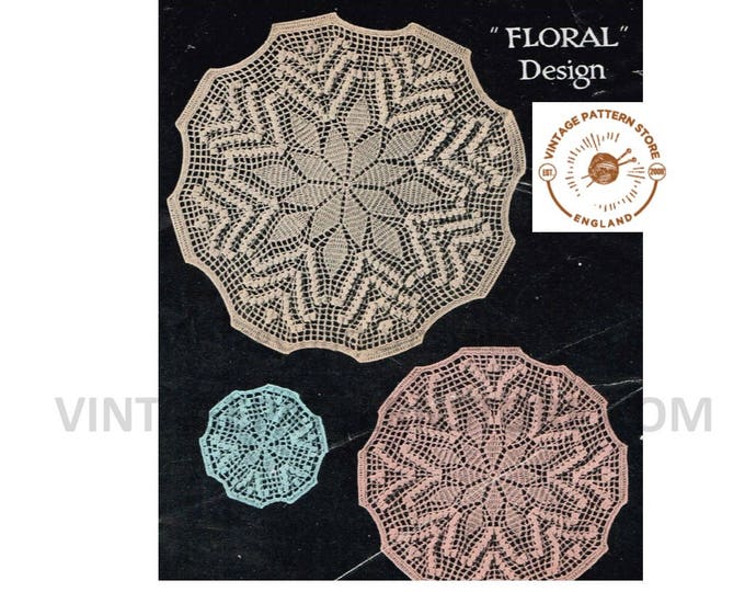 30s vintage circular round floral doily doilies coasters table place mats pdf crochet pattern large medium small Instant PDF Download 623