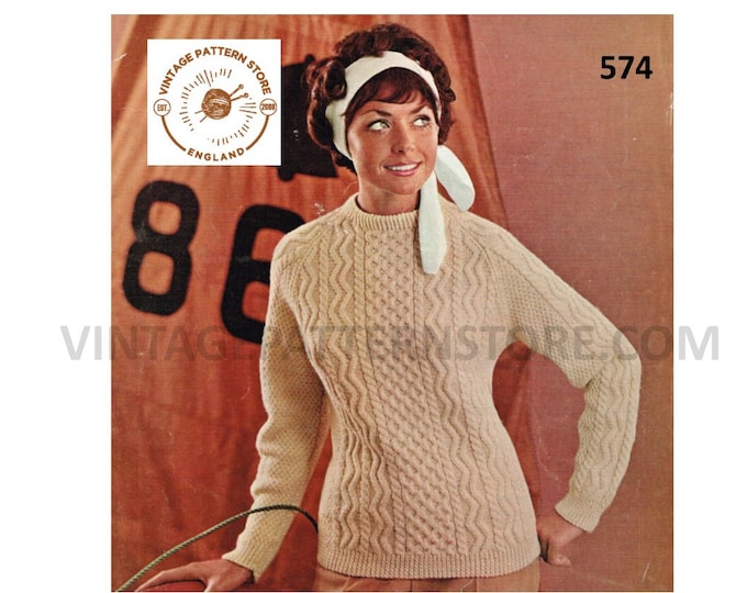 Ladies Womens 80s vintage crew neck cable cabled raglan aran sweater jumper pullover pdf knitting pattern 33" to 37" chest PDF download 574