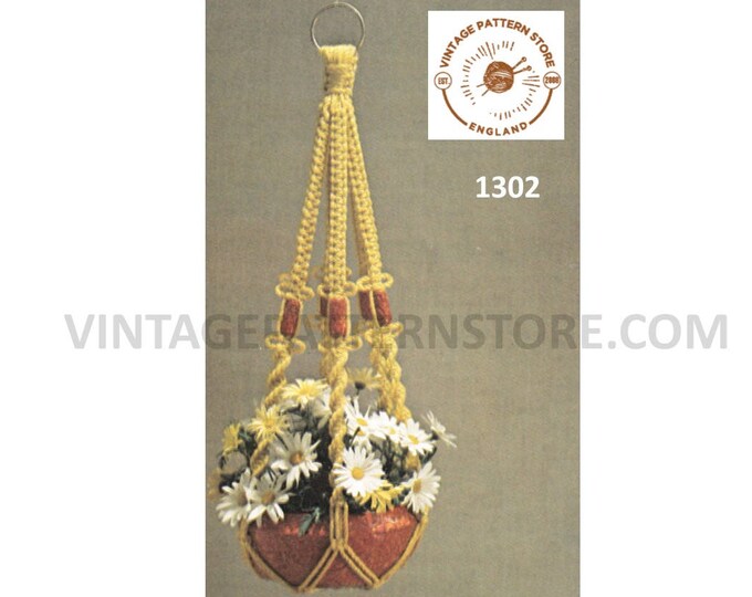 70s vintage easy to make beaded macrame plant hanger pdf macrame pattern, 70s vintag retro indoor garden gardening 3 foot long Download 1302