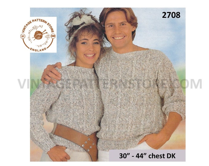 Ladies Womens Mens 80s vintage DK slash neck cable cabled drop shoulder dolman sweater jumper pdf knitting pattern 30" to 44" Download 2708