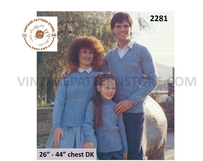 Ladies Womens Mens Boys Girls 80s family DK V round or polo neck cabled raglan sweater jumper pdf knitting pattern 26" to 44" Download 2281
