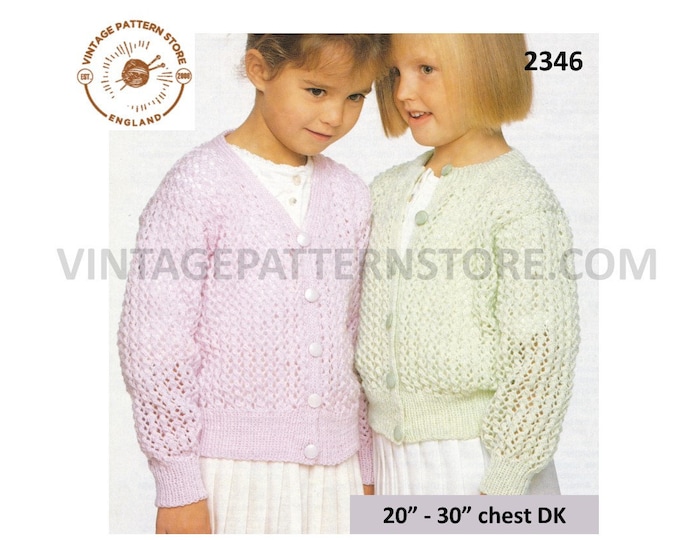 Girls 90s easy to knit V or round neck DK lacy lace drop shoulder raglan cardigan pdf knitting pattern 20" to 30" chest PDF Download 2346