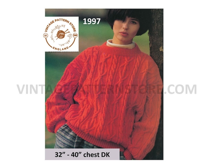 Ladies Womens 90s DK crew neck cable cabled drop shoulder dolman sweater jumper pdf knitting pattern 32" to 40" chest Instant download 1997