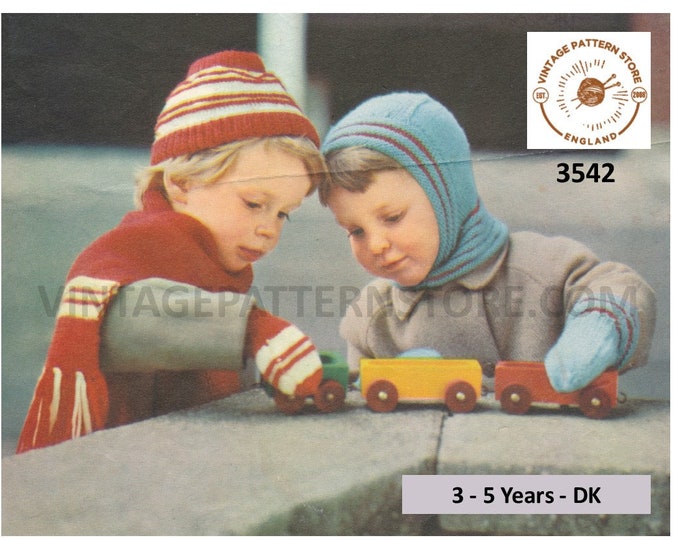 Girls Boys 50s vintage easy to knit DK striped balaclava helmet mittens hat and fringed scarf pdf knitting pattern ages 3 to 5 Download 3542