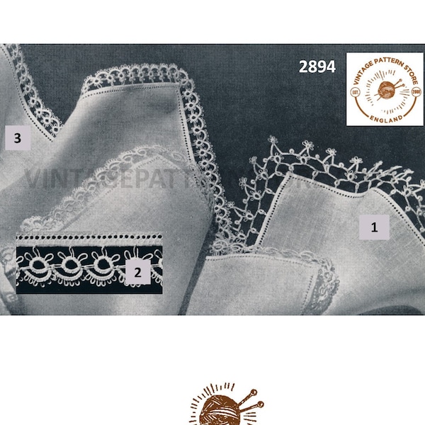 50s vintage tatted lace lacy handkerchief lace edging pdf tatting pattern 3 designs to tat makes to desired length Instant PDF Download 2894