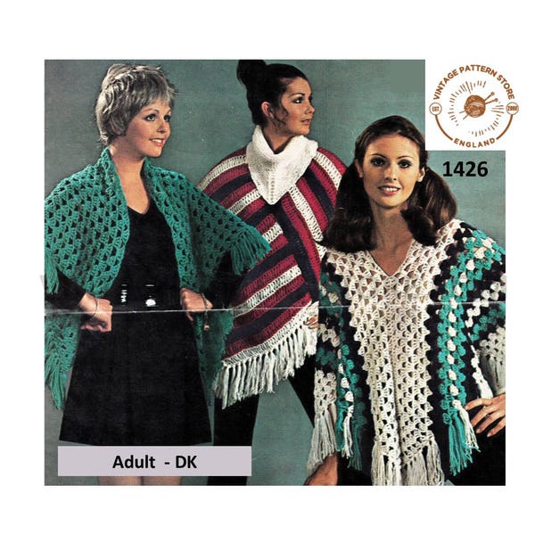 Ladies Womens 70s vintage DK V or cowl neck poncho and cape shawl pdf crochet & knitting pattern Instant PDF Download 1426