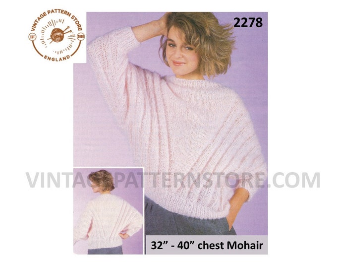 Ladies Womens 90s round neck diagonal rib ribbed mohair batwing sweater jumper pdf knitting pattern 32" to 40" chest PDF download 2278