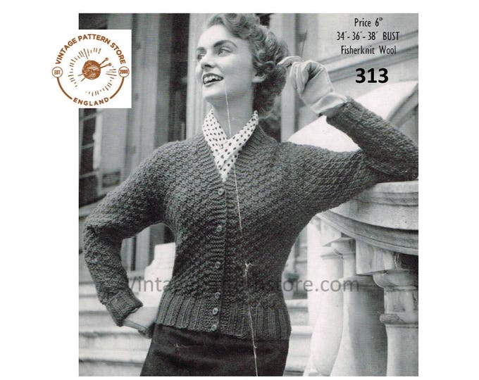 Ladies Womens 50s vintage round or V neck textured raglan chunky knit cardigan pdf knitting pattern 34" to 38" chest Instant Download 313