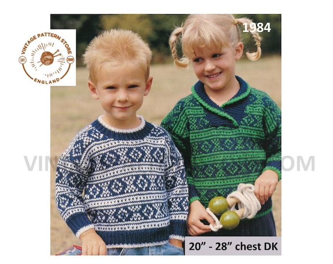 Boys Girls 90s crew neck or shawl collar fair isle drop shoulder DK dolman sweater jumper pdf knitting pattern 20" to 28" PDF download 1984