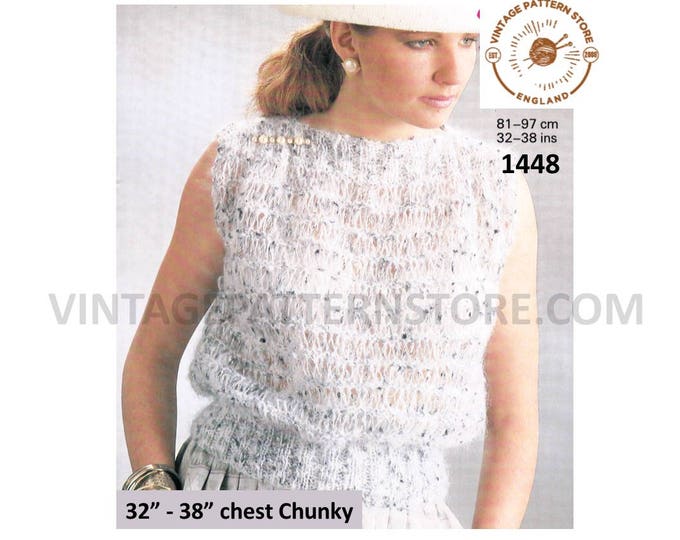 Ladies Womens 90s chunky easy to knit slash neck sleeveless slipover sweater vest Summer top pdf knitting pattern 32" to 38" Download 1448