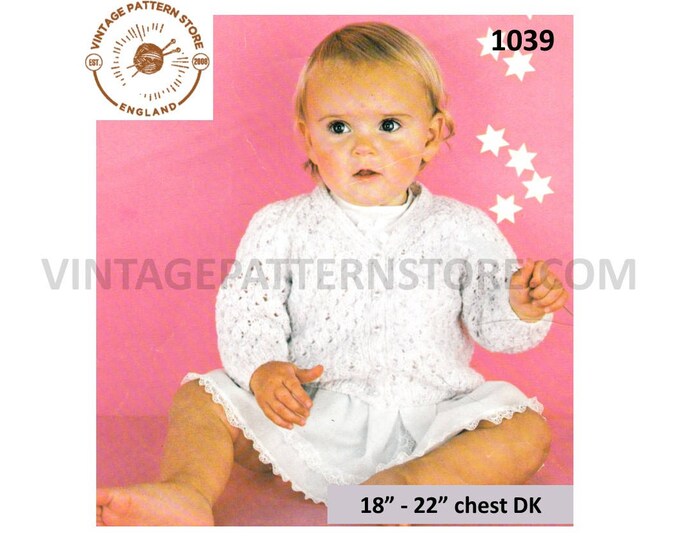 Baby Babies 80s vintage DK V neck lacy raglan cardigan pdf knitting pattern 18" to 22" chest Instant PDF download 1039