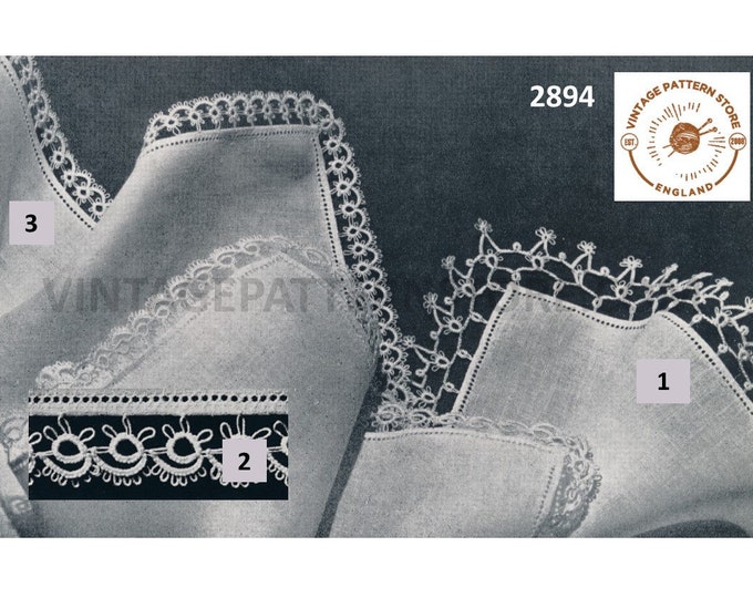 50s vintage tatted lace lacy handkerchief lace edging pdf tatting pattern 3 designs to tat makes to desired length Instant PDF Download 2894