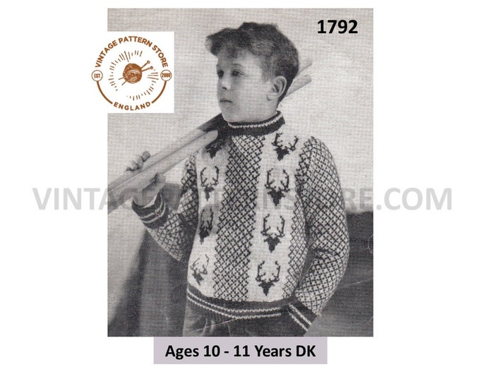 Boys 50s vintage round neck stags head fair isle intarsia DK raglan sweater jumper pdf knitting pattern 30" chest Instant PDF download 1792