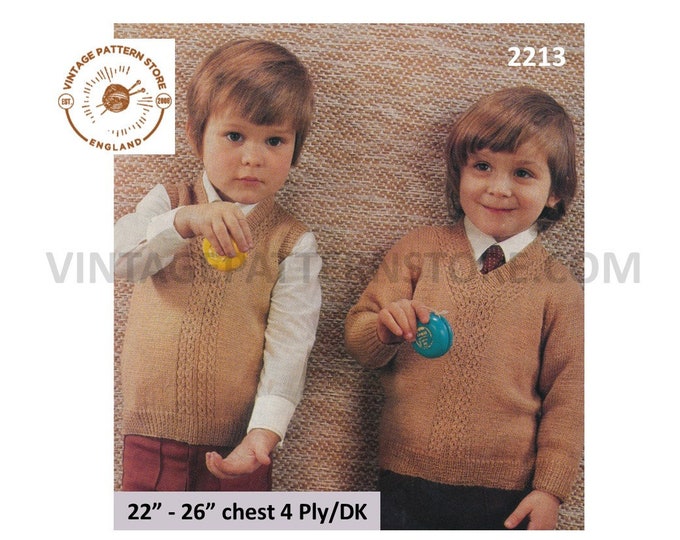 Boys sweater tank top knitting pattern, Boys 70s V neck cable panel 4 ply DK sweater & tank top pattern - 22" - 26" chest PDF download 2213