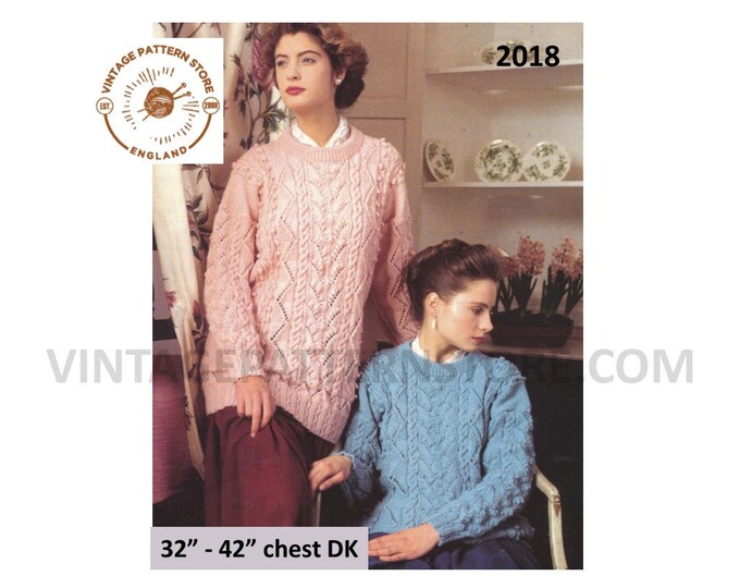 Ladies Womens 90s round neck cabled drop shoulder cable and lace long line DK sweater jumper pdf knitting pattern 32" to 42" download 2018