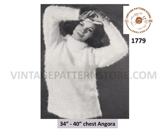 Ladies Womens 60s vintage plain & simple easy to knit polo neck angora sweater jumper pdf knitting pattern 34" to 40" chest Download 1779