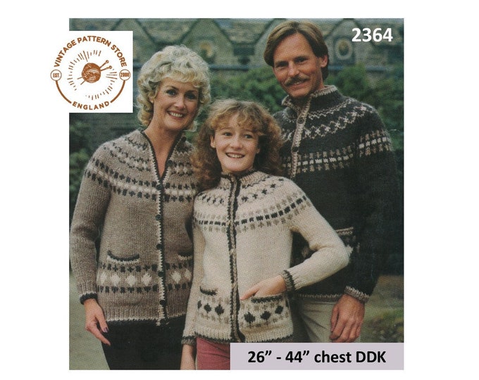 Ladies Womens Mens Boys Girls 80s family crew neck fair isle DDK chunky knit raglan cardigan pdf knitting pattern 26" to 44" download 2364