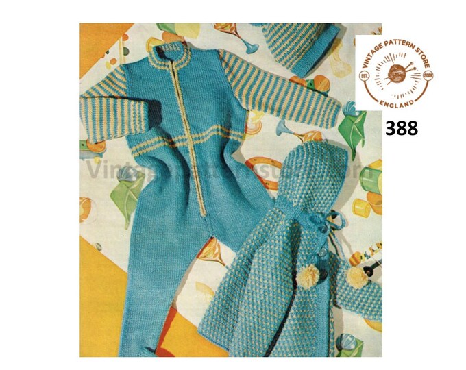 Baby Babies Toddlers 70s vintage DK all in one romper play suit and hoodie jacket coat with hat pdf knitting pattern 18" to 22" Download 388