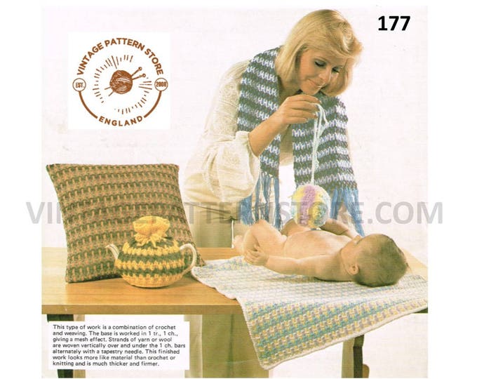 70s easy to crochet bazzar gifts DK scarf tea cosy square cushion cover Babies pram rug pdf crochet & weaving pattern PDF Download 177