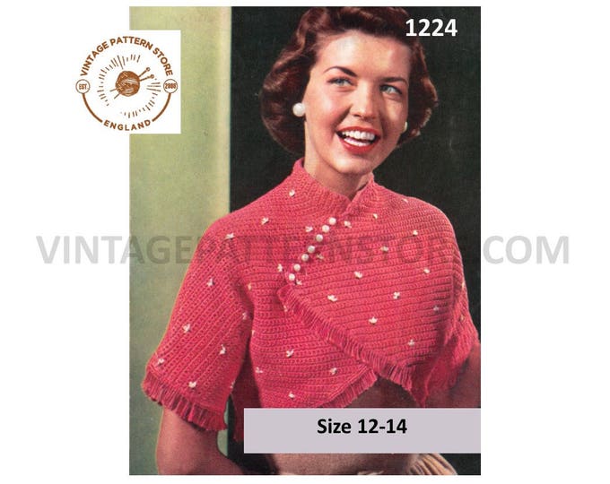 Ladies Womens 50s vintage embroidered crossover fringed short sleeve bolero evening jacket pdf crochet pattern size 12 to 14 Download 1224