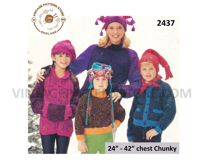 Ladies Womens Mens Boys Girls 90s family chunky knit cardigan sweater muff & novelty hat pdf knitting pattern 24" to 42" Download 2437