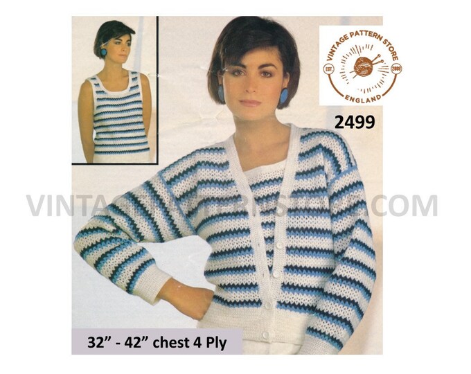 Ladies Womens 80s 4 ply drop shoulder striped cardigan & strappy slipover Summer top pdf crochet pattern 32" to 42" chest PDF download 2499
