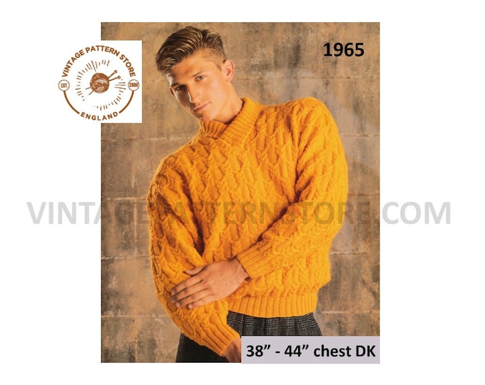 Mens Mans 90s crossover collar cable cabled drop shoulder dolman DK sweater jumper pdf knitting pattern 38" to 44" chest PDF download 1965
