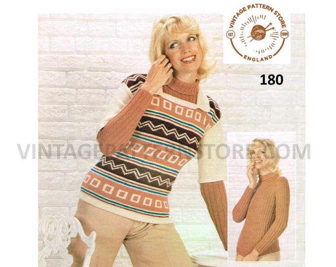 Ladies Womens 70s vintage DK polo neck rib ribbed sweater & fair isle over sweater jumper pdf knitting pattern 34" to 40" chest Download 180