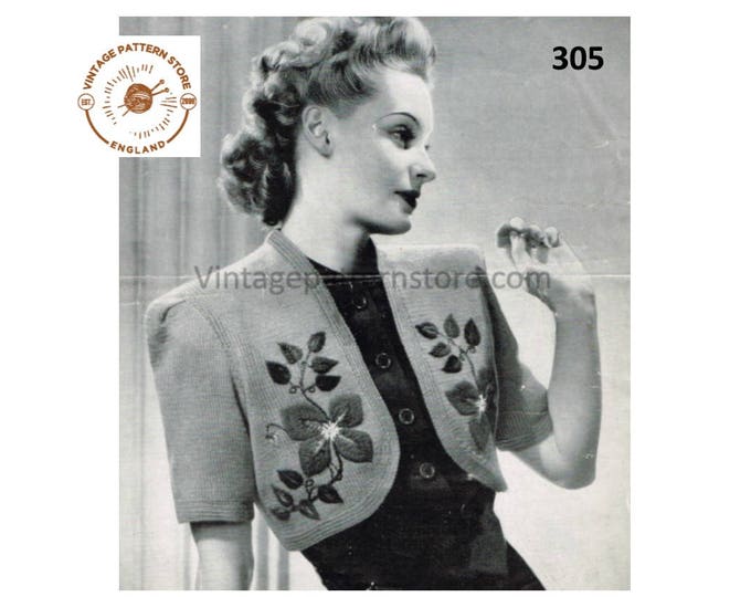 Ladies Womens 40s 3 ply floral embroidered short sleeve boxy raglan bolero evening jacket pdf knitting pattern 34" to 36" Download 305